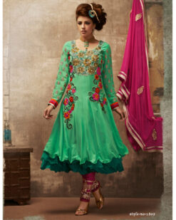 Traditional Green Pink Frock Suit Set With Bottom & Dupatta Womens Wear