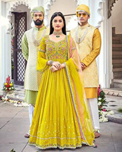 yellow Embellished Diwali Festival Georgette Long Designer Anarkali wedding indian Bride's maid Dress 1201