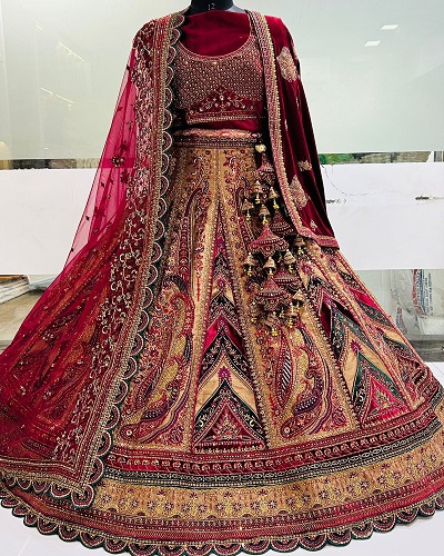 Buy Velvet Maroon Bridal Wear Embroidery Work Dupatta Lehenga Choli Online  From Wholesale Salwar.