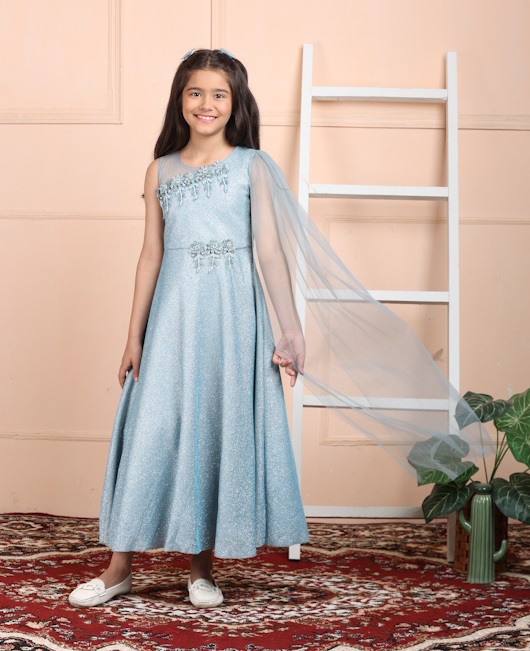 Buy Modish Long gown with Multiple flowers at the waist and Long veil at  the Back with a big bow for Girls Birthday wear in net and cotton Online at  Best Prices