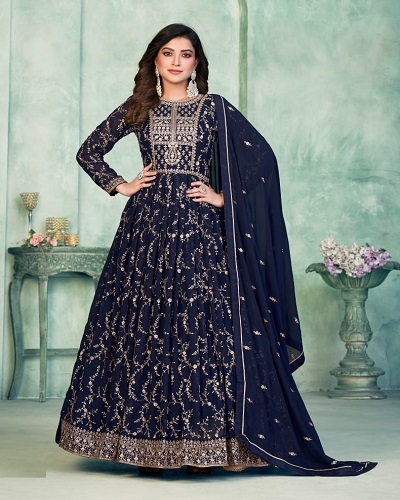 Buy Party Wear Designer Gown -Midnight Blue Georgette Embroidered Gown –  Empress Clothing