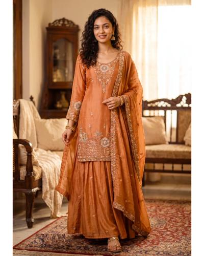 Festival Wear Fancy Silk With Embroidery & Hand Work Sharara Style Suit