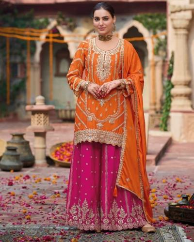 Wedding Wear Sharara Suit Chinon With Embroidery Work  Sharara Suit