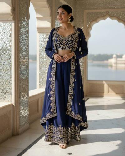 Party Wear Indo Western Chinon Silk With Embroidery Work  Indo Western Style