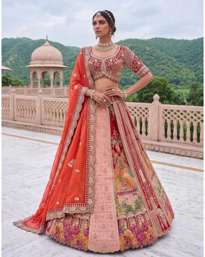 Designer Bridal Wear Banarasi Satin Silk Lehenga with Multi Thread Embroidery Work