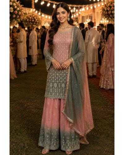 Designer Georgette Fabric With Embroidered Work Sharara Suit Style