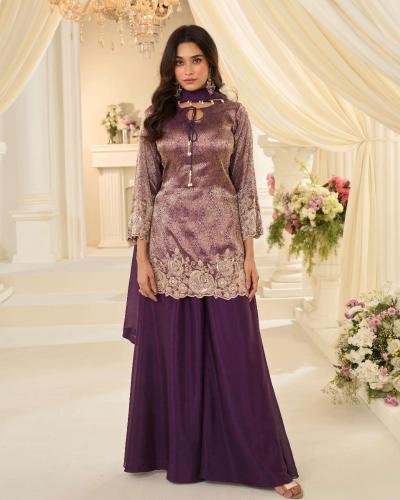 Elegant Embroidered Viscose Jacquard Silk Sharara Set