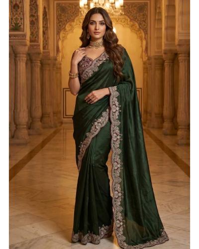FB365 Wedding Wear Saree Soft Satin With Embroidery & Thread Work Saree