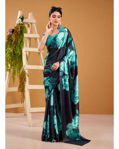 Party Wear Satin Silk With Floral Printed Work Saree