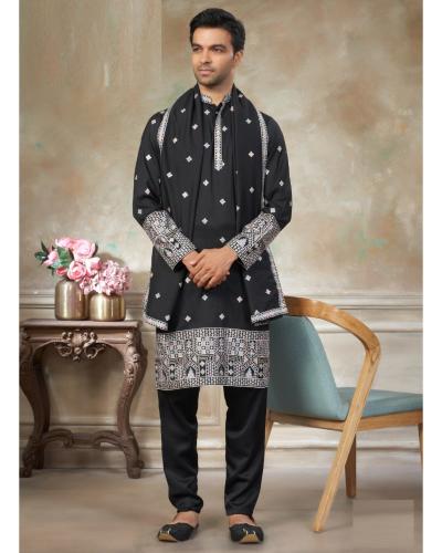Wedding Wear Men's Wear Kurta Pajama With Dupatta Embroidery Work