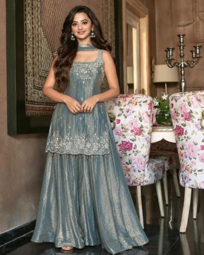 Elegant Festival Wear Fendi Silk With Sequence Thread Work Sharara Suit