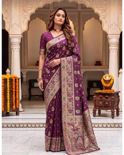 Wedding Wear Designer Fancy Satin With Zari & Weaving Work Saree