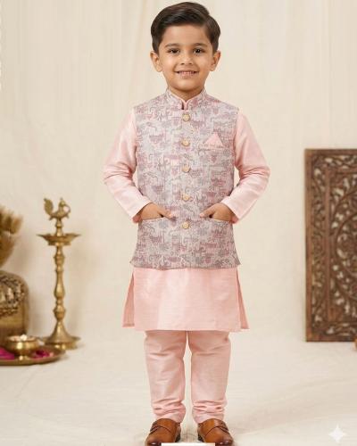 Wedding Wear Kurta Pajama Set With Weaving Work For Kids Boys