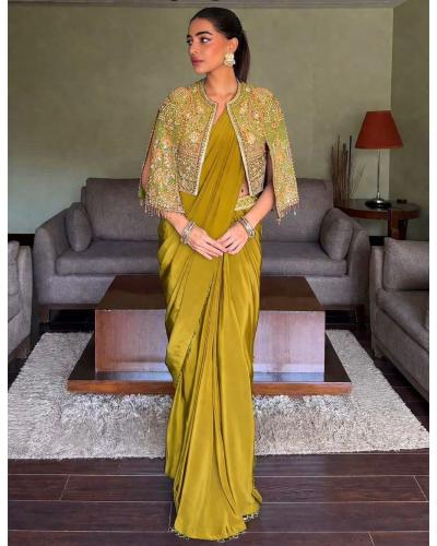 Party Wear Ready-to-Wear Chinon Silk Saree with Elegant Embroidery Blouse