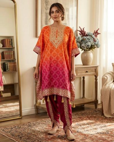 Designer Ready to Wear Kaftan Style With Dhoti Chinon Silk & Embroidery Work