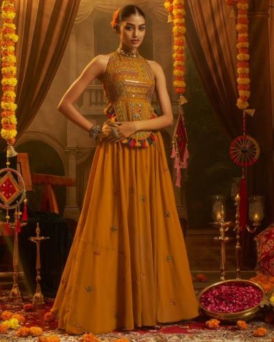Indo Western Style Crop Top With Palazzo Style Thread Work Dress