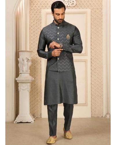 Men's Wear Roman Silk Kurta Pant With Koti Style With Sequence Work